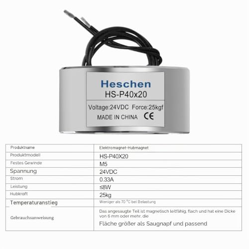 Heschen Elektromagnet-Magnet-Magnetspule P40/20, OD: 40 mm, DC 24 V, 25 kg
