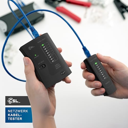 CSL - Network Tester - Network Cable Tester - for RJ45 and RJ11/12 (25)/14 Cable - Patch Cable Tester - LAN Network Cable Tester - 2 Speeds - Test LEDs for Precise Testing