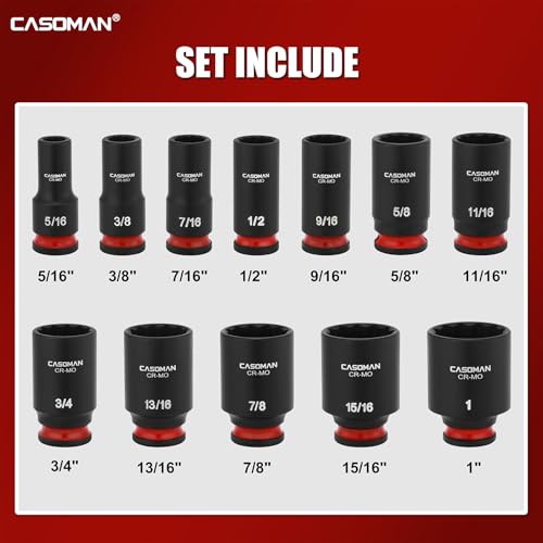 CASOMAN 12-Pieces 3/8" Drive Mid-Length Impact Socket Set, 12-Point, SAE, 5/16-Inch to 1-Inch, CR-MO Steel, with Storage Case 0.31 - 1 in