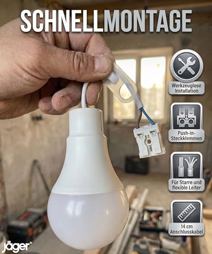 Jäger 5x LED Construction Light Bulbs, Construction Site Lamp, Construction Lamp, Renovation Lamp, Replaces E27 Socket & Lamp Holder E27 with Cable, 10 W, 4000 K Neutral White, Shatterproof 5