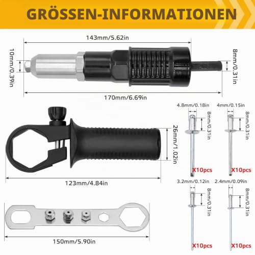 Rivet Attachment for Cordless Screwdrivers and Drills | Rivet pliers, blind rivet adapter, with 40 rivets, for 2.4/3.2/4.0/4.8 mm rivets