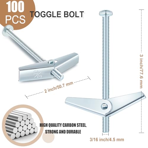 Yaocom 100 Pcs 3/16" X 3" Toggle Bolts and Wing Nut Wall Anchor for Drywall 1 3/16" X 3"