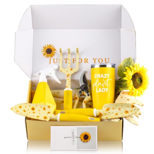 Sunflower Gardening Gifts for Women, Garden Tool Set, Heavy Duty Gardening Hand Tools with Garden Tool Bag,Yellow Crazy Plant Lady