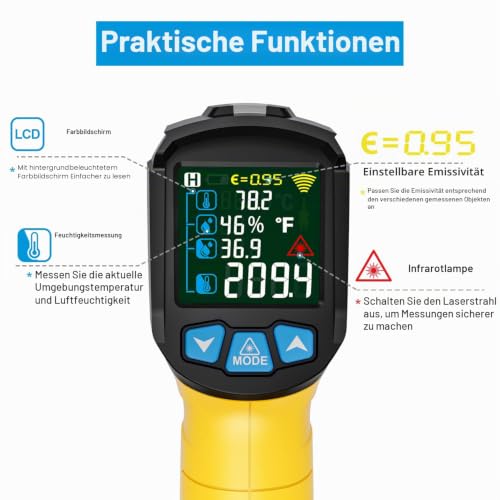 Infrared Thermometer MESTEK Temperature Meter Digital Laser IR Pyrometer K-Probe -50°C ~ 800°C Non-Contact with Color LCD Alarm Function Adjustable Emissivity for Kitchen Grill Automotive IR02C-Yellow