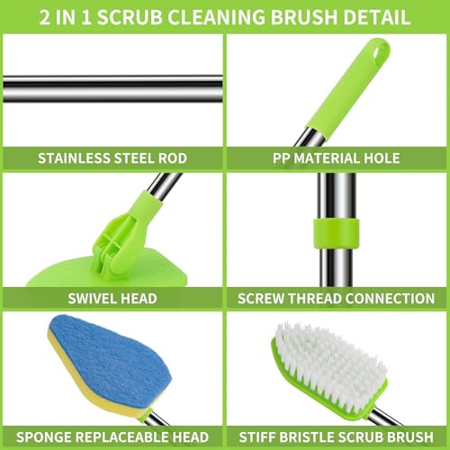 Bathroom-Cleaning-Scrubbing Long-Handled Scrubbing Brush with Squeegee - Extendable Tub and Tile Cleaner, 2 in 1 Floor and Shower Brush for Bathroom and Kitchen