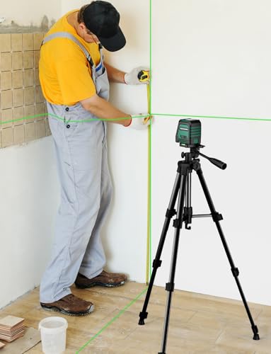 RockSeed Dual Modules Line Laser with 47 inch Iron Tripod, Self Leveling Laser Level, Horizontal and 150° Vertical Green Beam, 2 AA Batteries, Carrying Bag, for Home Decoration/DIY/Construction Site