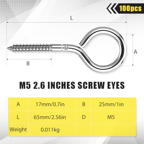 100 Pcs 304 Stainless Steel Screw Eye Hooks, Heavy Duty Eye Bolt with 200lb Load Bearing, Rust Resistant Self Tapping Hooks for Securing Cables/Wire on Wood Indoor Outdoor (M5-2.6 Inch) 100 M5-2.6 Inch