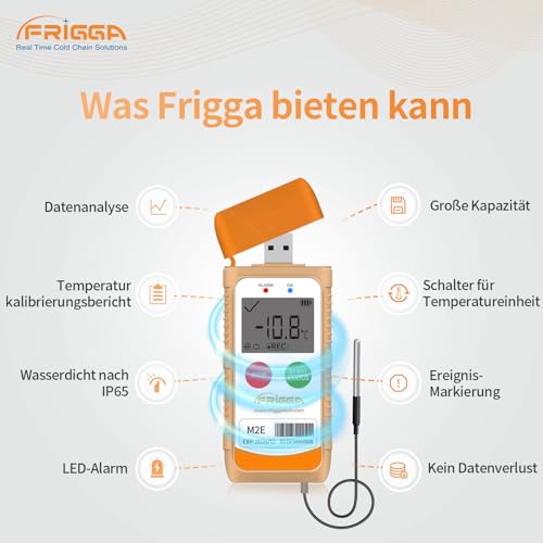 Frigga M2E Multipurpose Temperature Data Logger with External Sensor USB Digital Temperature Pen 14400 Points High Accuracy PDF CSV Report 1 pack.