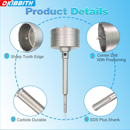 4" Concrete Hole Saw, 102mm Tungsten Steel Core Bit for Cinder Block, Brick, Rock, Plank Walls for Pipes or mini Split Lines, with SDS Plus Shank and 2 Center Positioning Drill Bits. 4"
