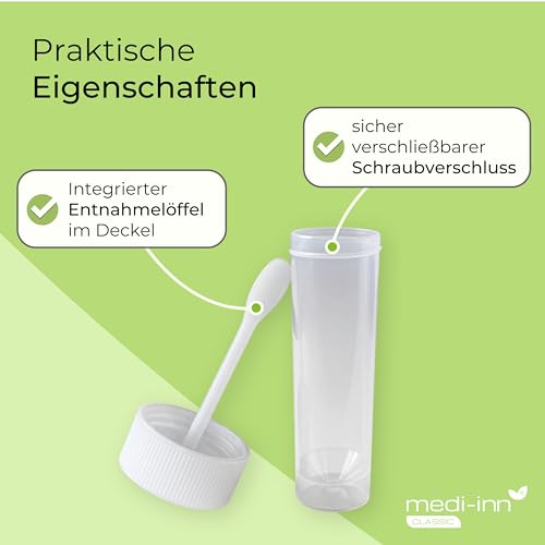 Medi-Inn Chair Sample Containers 25ml Pack of 10 - Transparent Removal Spoons in Lid Screw Cap PP for In Vitro Diagnostics
