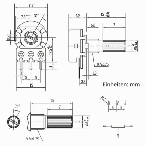10 Values Potentiometer Mono Linear B1K B2K B5K B10K B20K B50K B100K B250K B500K B1M WH148 Rotary Potentiometer 3 Terminals B Type Taper Single Potentiometer with Nuts and Washer and Knob