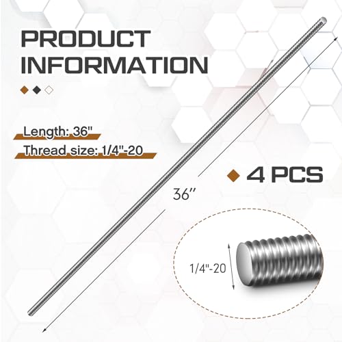 Blulu 4 Pcs Stainless Steel All Thread Rod, 1/4"-20 x 36 Fully Threaded 1/4"-20 x 36"