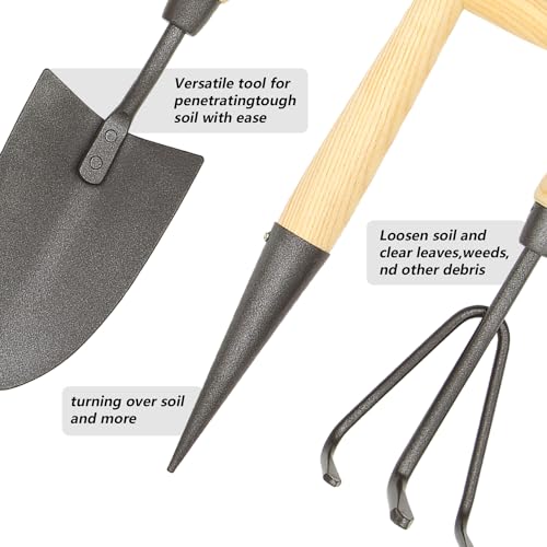Japanese Gardening Tools Set, 6 Pcs Garden Tools Set, Black Painted Stainless Steel Heavy Duty Gardening Tools Kit, Hand Trowel, Dibble, Hand Rake, Weeder, Transplanter and Hand Folk… Black Painted Steel 3