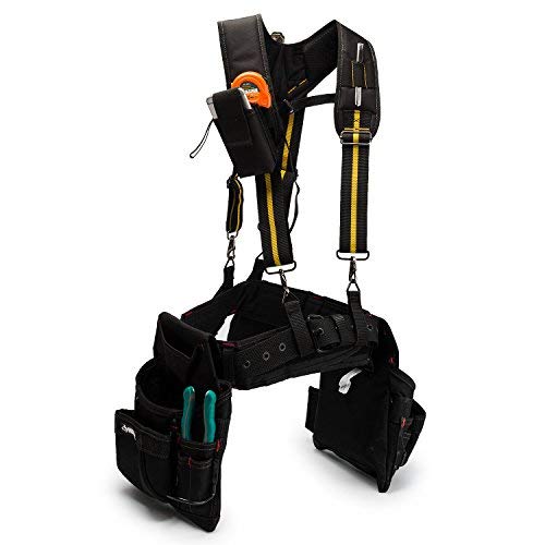 MELOTOUGH Padded Suspenders/Tool Belt Suspenders with phone holder Tape Holder Pencil holder Adjustable Straps + Padded Tool Belt with D ring for men construction, adjustable waist 33'-47 '