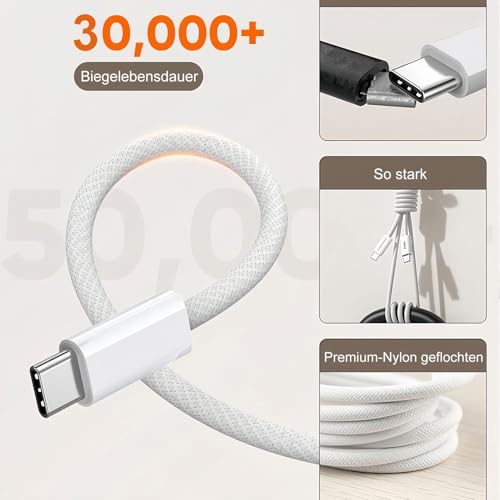 iPhone Charging Cable USB C to USB C Cable 1 m Fast Charging Cable for iPhone 17 Air/16 Pro Max/15 Plus/17E/16E, iPad Pro 10/11th, Google Pixel 9/8, Samsung Galaxy S23/S24, Mobile Phone Charging Cable White