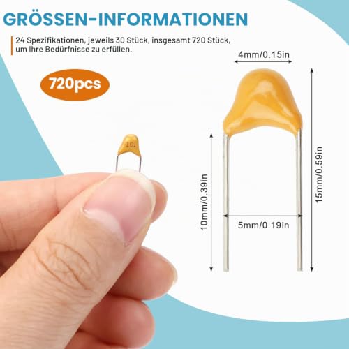 Ceramic Capacitor Set 24 Value 720 Pieces Capacitors Assortment from 10pF to 100nF Monolithic Ceramic Capacitor Kit