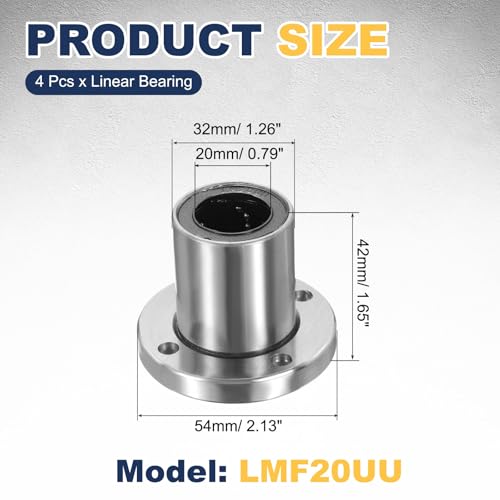 sourcing map 4 Pack LMF20UU Linear Ball Bearings, 20mm Bore Round Flange Linear Ball Bearings Flange Motion Bushing with Double Side Rubber Seal ABEC3 for CNC, 3D Printer