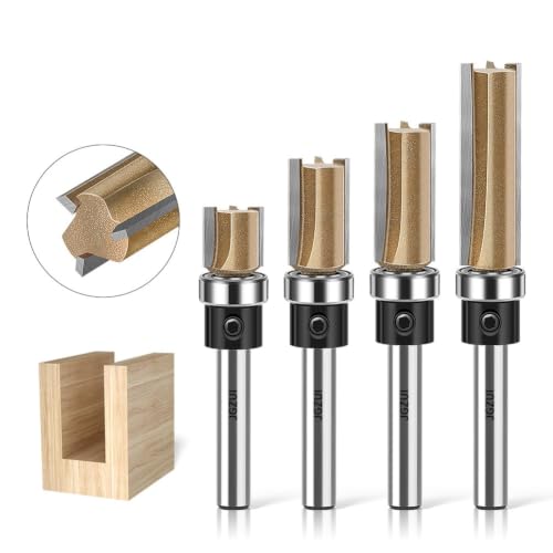 3-Flute Bottom Bearing Flush Trim Bit Set 1/4" 4PC 15/32"-1-1/2" Inches