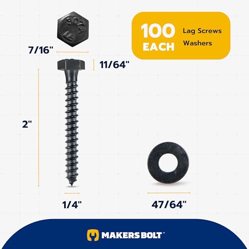 1/4 x 2 (100 Pack) Lag Screw Kit, 100 Screws and 100 Washers, Ceramic Black Ruspert Coating for Exterior Use, Meets ASTM A307 and ASME B18.2.1, Industrial/Commerical Grade by Makers Bolt 1/4 x 2