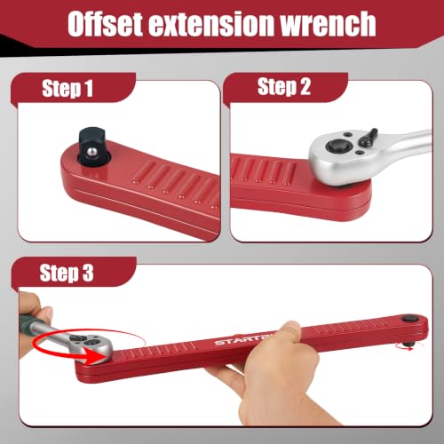 3/8 inch Offset Extension Wrench, Impact Ready Socket Wrench Universal Extender Tool with 1/2", 3/8", 1/4" Square Drive for Tight Spaces (Red) Red