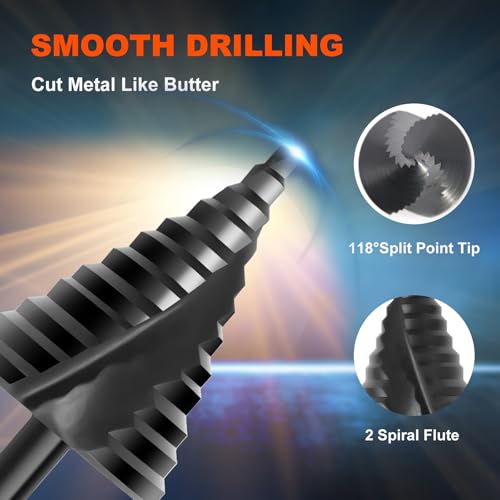 HSS Step Drill Bit for Metal, 12 Steps from 1/4" to 2-3/8", Spiral Flutes M2 1/4"- 2-3/8"