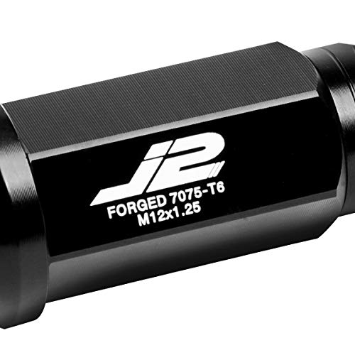 J2 Engineering 7075-T6 Aluminum M12 x 1.25 20Pcs 75mm Tall Spiky Cap Lug Nut w/Adapter Black