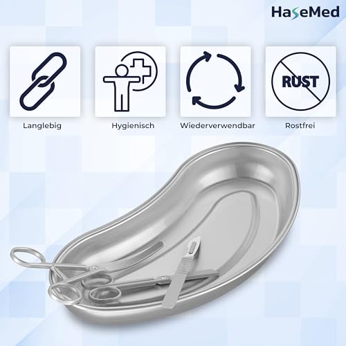 HaseMed Stainless Steel Kidney Bowl, 1 Piece, 250 x 130 x 30 mm, 600 ml, Shiny Silver, Rustproof, Autoclavable & Reusable, Instrument, Surgical & Hygiene Bowl for Clinic & Practice