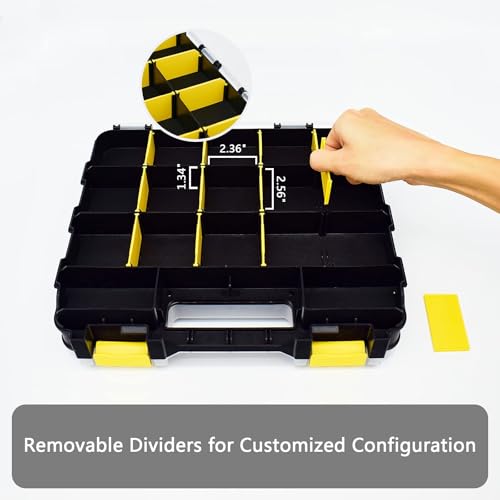 AIDY-PRO Tools Box Organizer Double Side 34 Compartments Hardware Organizers with Removable Plastic Dividers for Screws Nuts Nails Yellow 2 PACK