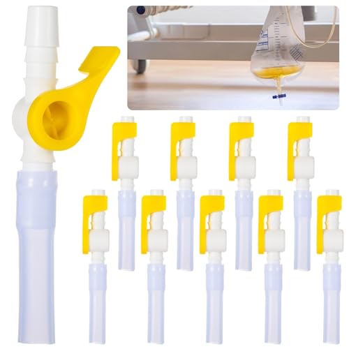 Pack of 10 Catheter Valves, Comfort Flow Catheter Valve, Urine Drain Catheter Valve, Easy to Use Lever Tap Catheter Bag Valve with Smooth Edges and Hose