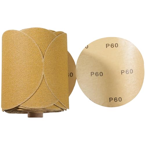 100 PCS 6 Inch Gold PSA Sanding Discs 60 Grit Self Adhesive Sticky-Back Sandpaper for DA Sander Automotive Car Paint Woodworking Wood Metal Finishing 100 PCS 60 Grit