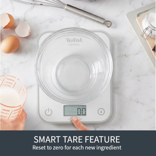 Tefal Optiss BC50U0V0 Electronic Kitchen Scale, Easy-to-Read Backlit Display, Scratch-Resistant, Accuracy 0.5 g, Tare Function, Capacity 5 kg, Batteries Included, White White Glass