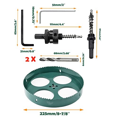 8-7/8 Inch / 225mm Bi-Metal Hole Saw with Arbor for Wood Drywall Hole Saw with Heavy Duty Arbor 8-7/8" / 225mm