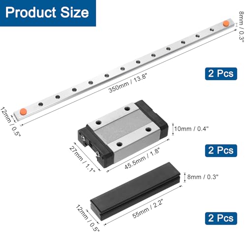 sourcing map 2pcs MGN12 350mm Linear Guide Rail with 2pcs MGN12H Sliding Carriage Block Bearing Steel and 2pcs Plastic Mini MGN12 Linear Guide for DIY 3D Printers and CNC Machine, Black