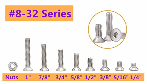 160Pcs #8-32 UNC 304-Stainless Steel Flat Head Countersunk Hex Socket Cap Bolts Screws Nuts Assortment Kit- #8-32x 1/4" 5/16" 3/8" 1/2" 5/8" 3/4" 7/8" 1"
