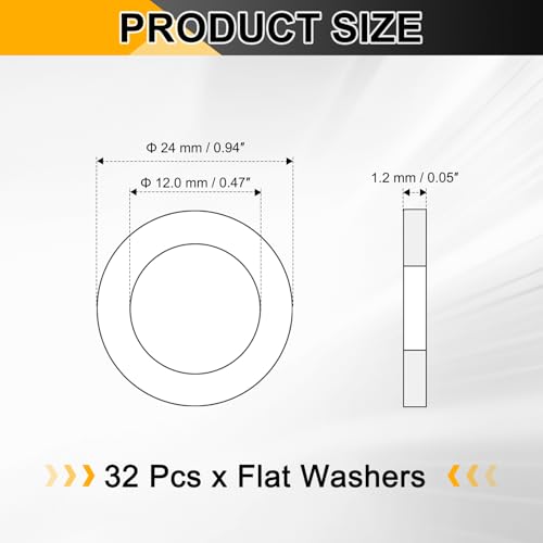 PATIKIL M12 Flat Washers, (12mm ID 24mm OD 1.2mm Thickness, Golden) (32 Pcs), Brass Metric Sealing Gasket Ring Crush Washer Spacers for Faucets/Garden/Bolts/Screws/Hose Pipe 12mm x 24mm x 1.2mm 32
