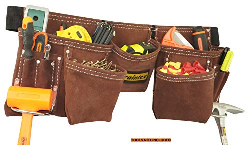 Graintex 11 Pocket Suede Leather Tool Belt/Tool Bag/Work Apron, 2 Hammer Loops, Adjustable Belt | Construction, Carpenter, Roofing, Drywall, Electrician, Gardening, DIY (Coffee Brown, 11 Pockets) Coffee Brown Fits waist size 28" to 50"