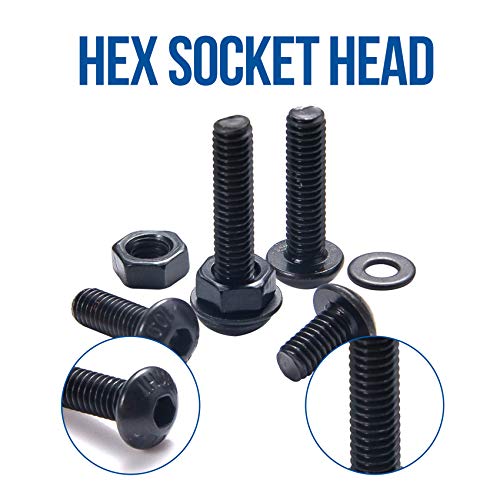 NINDEJIN M2 M3 M4 M5 Carbon Steel Hex Socket Head Cap Screw Bolts & Flat Washers & Nuts Assortment Kit (Socket Head + Round Head)