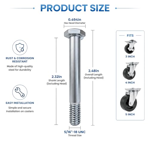 100-Pack Wheelbarrow Carriage Bolts Kit, 5/16"-18 x 2.32 Caster Wheel Axle Bolts with 1/2" Lock Keyway, Caster Hardware for 3/4/5 Inch Shopping Cart Wheels Trolleys and Flatbed Carts 100
