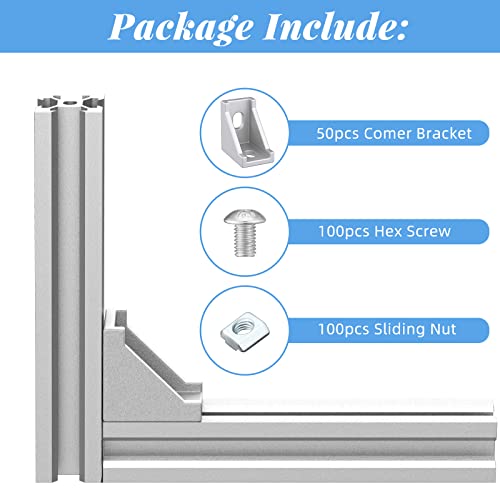 Therwen 50 Set 2020 Series Aluminum Profile Connector Set - 50 White Corner Brackets, 100 M5 T Nuts, 100 M5 x 8 mm Hex Screw Bolts for 6 mm Slot Aluminum Profile