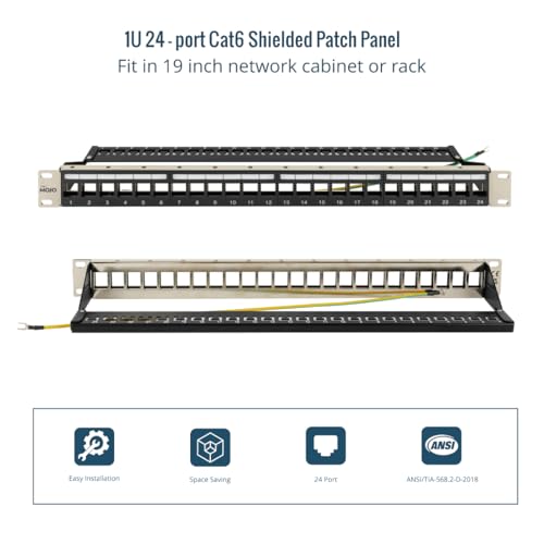 Tecmojo 19 Inch Patch Panel with 24 Ports, Empty, Suitable for Shielded and Unshielded Keystone Module Sockets, with Rear Cable Management, Black (19" Patch Panel with 24 Ports)