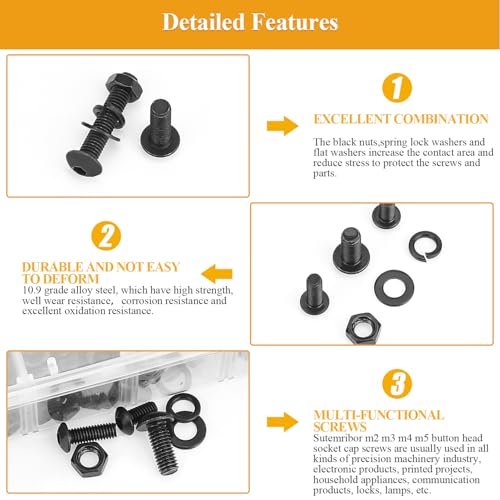 2180 Pieces Black M2 M3 M4 M5 Button Head Socket Cap Screws Nuts Washers Assortment Kit, Metric Screw Assortment with Hex Wrenches, 10.9 Grade Alloy Steel, Fully Threaded M2/M3/M4/M5