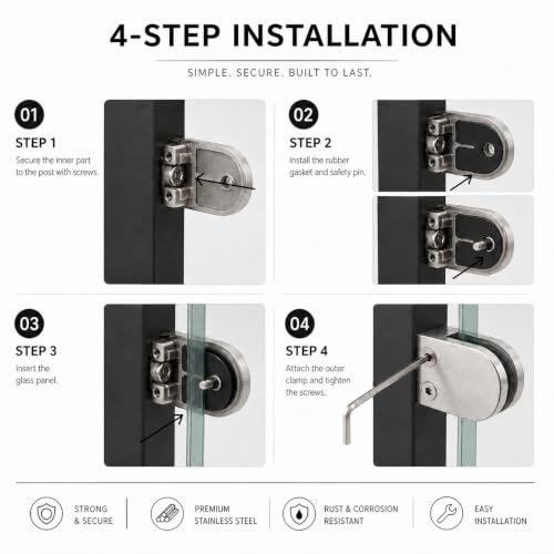 4-Pcs Round Flat-Back Glass Clamps, 304 Stainless Steel, Polished 4 D,Hair line