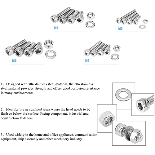 DYWISHKEY 520 PCS M3 M4 M5 M6, 304 Stainless Steel Hex Socket Head Cap Bolts Screws Nuts Washers Assortment Kit with Hex Wrenches Socket Head Screws