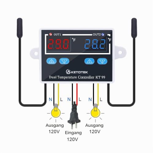 KETOTEK Digital Temperature Controller Thermostat 230V with 2 Waterproof Probes | Temperature Monitor with 2 Temperature Probes, 220V Temperature Switch for Aquarium, Incubator, Greenhouse, Heating/Cooling Mode AC 230V