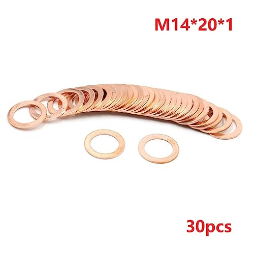M14 Flat Washer Copper Sealing Ring, 14mm ID 20mm OD 1mm Thickness Metric Sealing Gasket, 30 Pieces