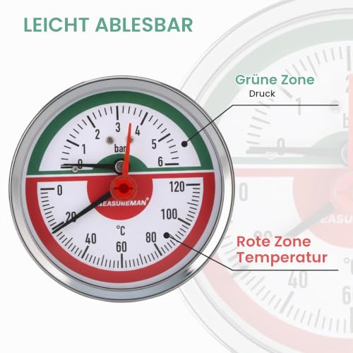 Thermal Pressure Gauge, 80 mm Dial, 0-6 Bar/120°C, Black Steel Case, G1/2 Rear Connection