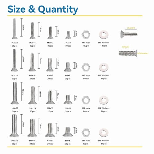 1080Pcs M2 M3 M4 M5 Screw Assortment, Metric Flat Countersunk Head Socket Cap Bolts, Stainless Steel Screws Nuts and Washers with 4 Hex Allen Wrenches, Full Thread Hex Flat Head Countersunk