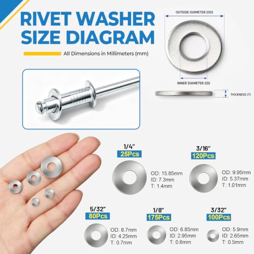 1000PCS Aluminum Pop Rivets Assortment Kit with Washers Storage Case 1000pcs Silver