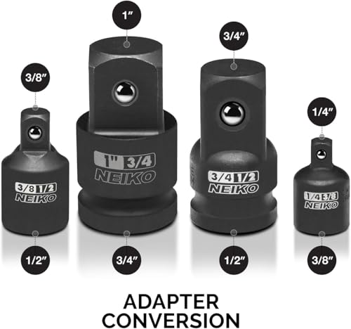 NEIKO 30223A 8 PC Impact Socket Adapter Set, Standard SAE Size, Cr-V Steel, Impact Driver & Wrench Conversion Kit, Locking Impact Socket Adapters & Reducer Set, Ball Detent, 1/4”, 3/8”, 1/2", 3/4”, 1” Adapter Reducer 8-Pc