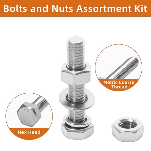 304 Stainless Steel (A2-70) Metric Bolt & Nut Assortment Kit - 408pcs M5/M6/M8 Hex Bolts, Nuts & Washers Set - Fully Threaded 18-8 Stainless Steel Hardware Kit 408 pieces M5/M6/M8